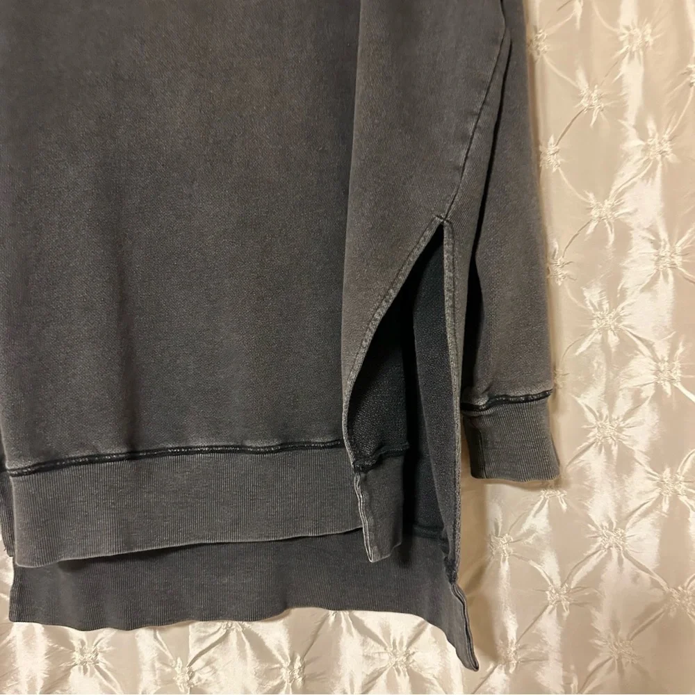 Free People Distressed Charcoal Gray Black Mock Neck Sweatshirt Tunic Side Slit